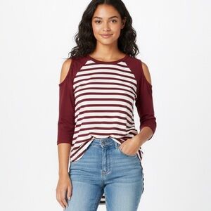 SO Cold Shoulder Striped 3/4 Sleeve Tee